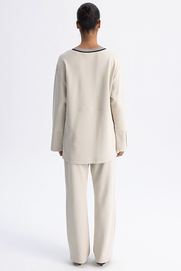 Minimal Kesim Kontrast Yaka Tunik Ekru - 7