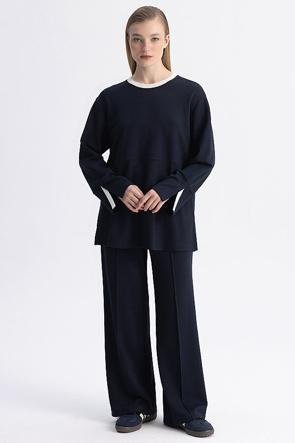 Minimal Kesim Kontrast Yaka Tunik Lacivert - 1
