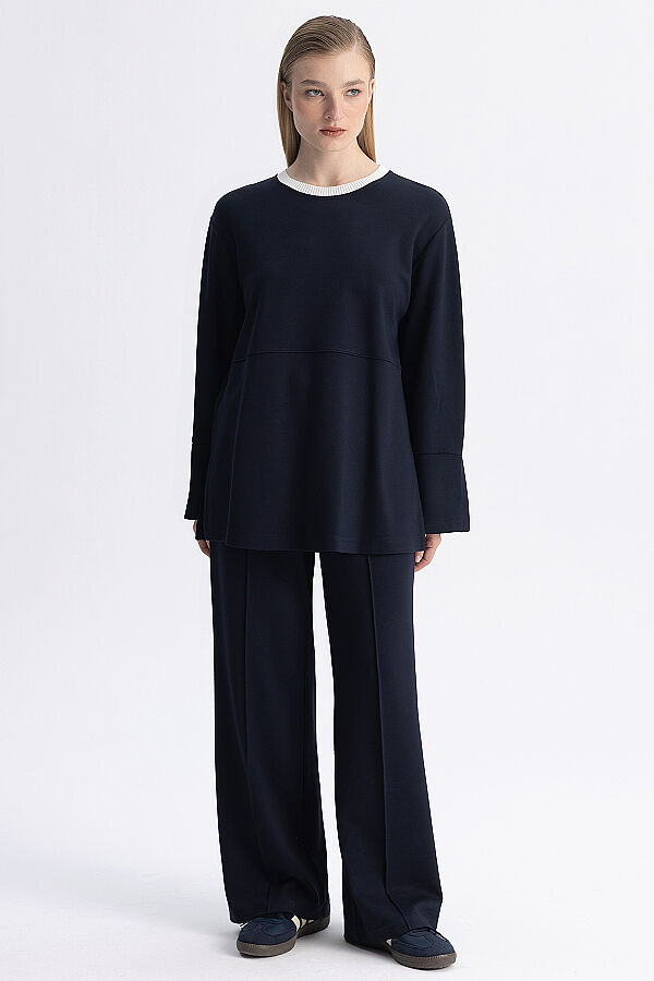 Minimal Kesim Kontrast Yaka Tunik Lacivert - 2