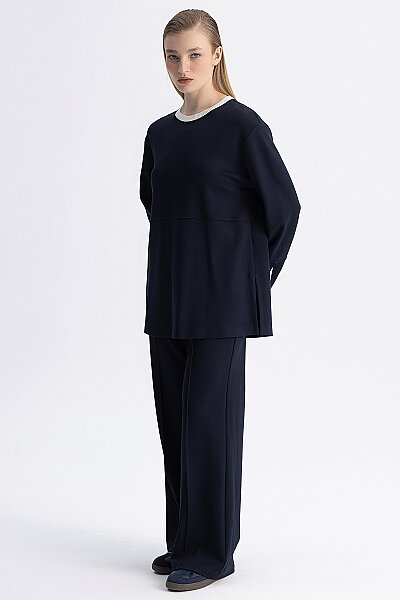 Minimal Kesim Kontrast Yaka Tunik Lacivert - 3