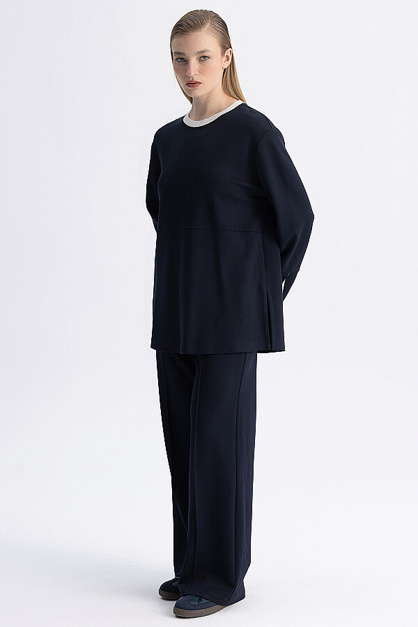 Minimal Kesim Kontrast Yaka Tunik Lacivert - 3