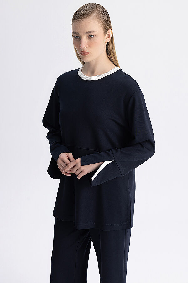 Minimal Kesim Kontrast Yaka Tunik Lacivert - 4