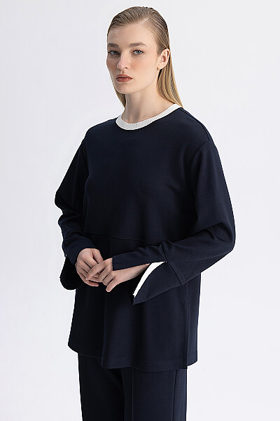 Minimal Kesim Kontrast Yaka Tunik Lacivert - 5