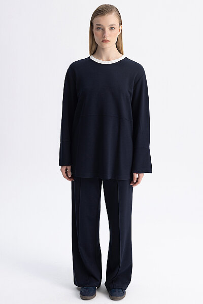 Minimal Kesim Kontrast Yaka Tunik Lacivert - 6