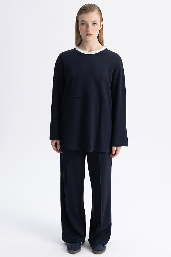 Minimal Kesim Kontrast Yaka Tunik Lacivert - 6