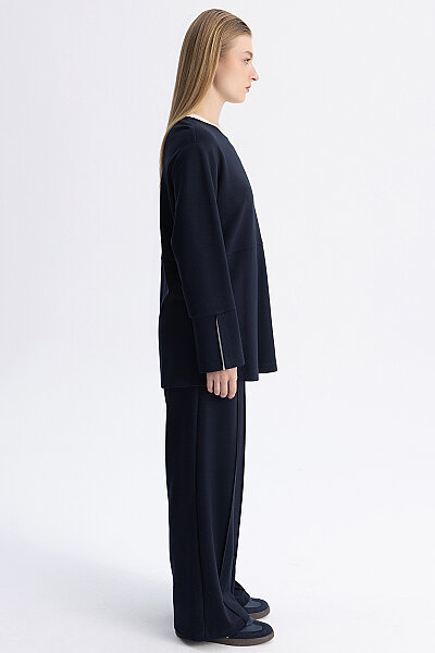 Minimal Kesim Kontrast Yaka Tunik Lacivert - 7