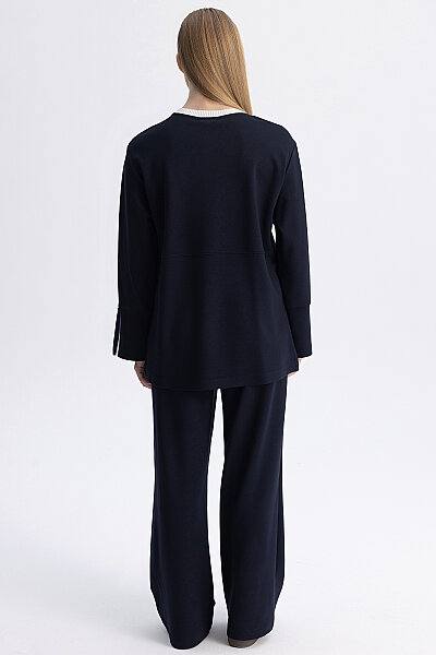Minimal Kesim Kontrast Yaka Tunik Lacivert - 9