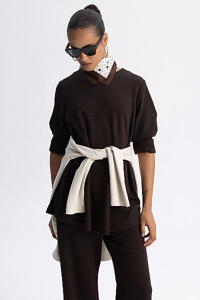 Minimal Kesim Yuvarlak Yaka Tunik Kahverengi - 3
