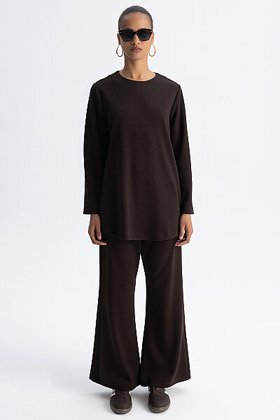 Minimal Kesim Yuvarlak Yaka Tunik Kahverengi - 4