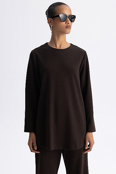 Minimal Kesim Yuvarlak Yaka Tunik Kahverengi - 5