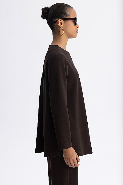 Minimal Kesim Yuvarlak Yaka Tunik Kahverengi - 6