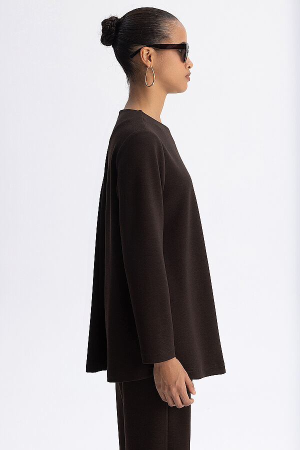Minimal Kesim Yuvarlak Yaka Tunik Kahverengi - 6
