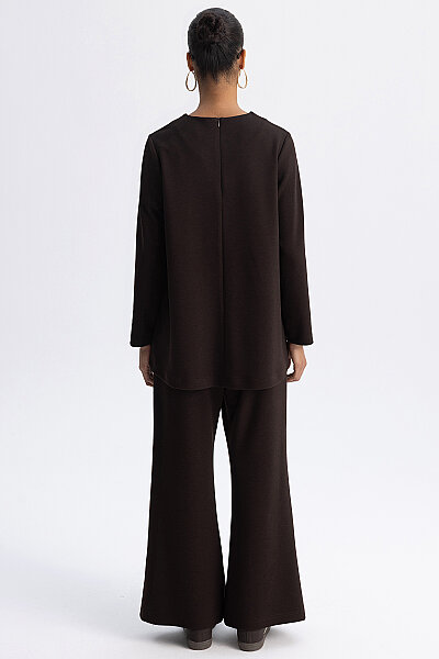 Minimal Kesim Yuvarlak Yaka Tunik Kahverengi - 7