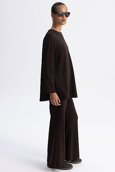 Minimal Kesim Yuvarlak Yaka Tunik Kahverengi - 8