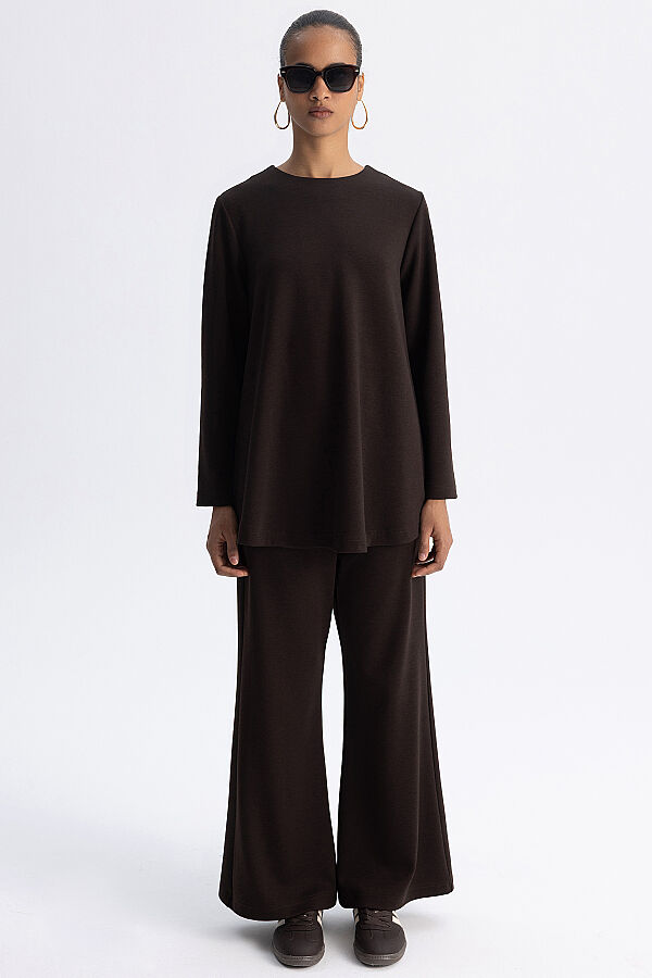 Minimal Kesim Yuvarlak Yaka Tunik Kahverengi - 9