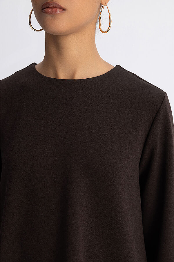 Minimal Kesim Yuvarlak Yaka Tunik Kahverengi - 10