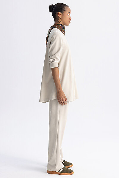 Minimal Kesim Yuvarlak Yaka Tunik Ekru - 4
