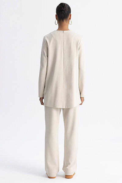 Minimal Kesim Yuvarlak Yaka Tunik Ekru - 5