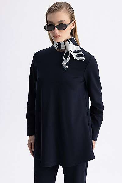Minimal Kesim Yuvarlak Yaka Tunik Lacivert - 3