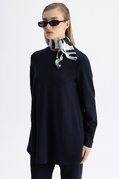 Minimal Kesim Yuvarlak Yaka Tunik Lacivert - 4
