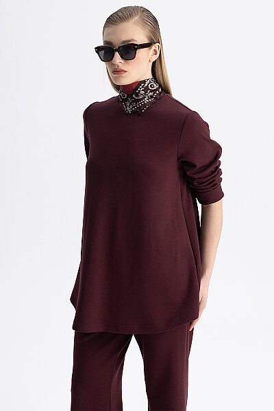 Minimal Kesim Yuvarlak Yaka Tunik Bordo - 3