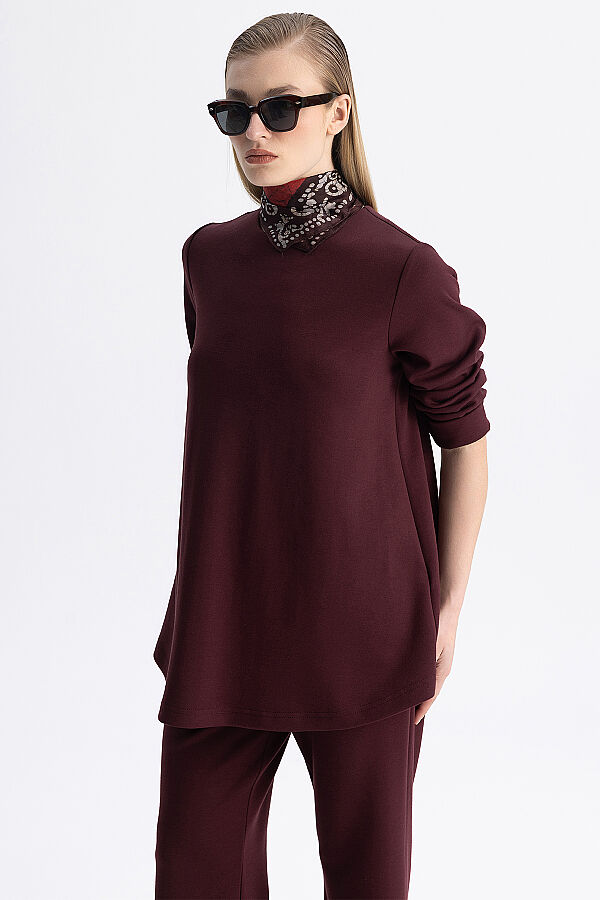 Minimal Kesim Yuvarlak Yaka Tunik Bordo - 3