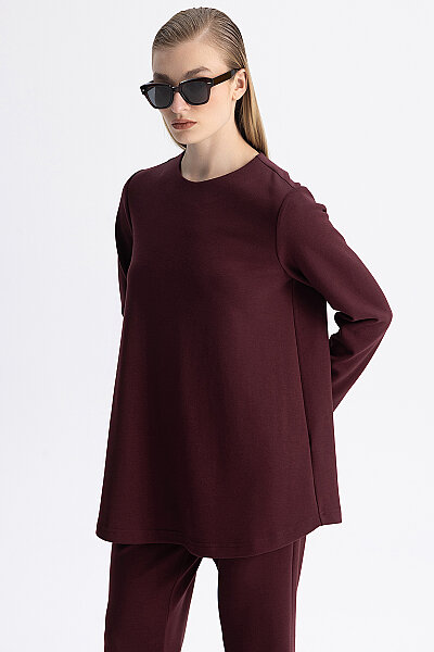 Minimal Kesim Yuvarlak Yaka Tunik Bordo - 6