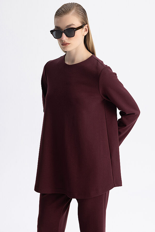 Minimal Kesim Yuvarlak Yaka Tunik Bordo - 6