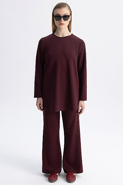 Minimal Kesim Yuvarlak Yaka Tunik Bordo - 8