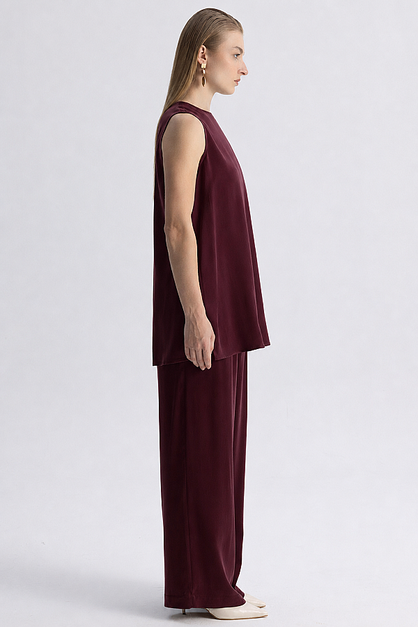 Yan Yırtmaçlı Kolsuz Tunik Bordo - 3