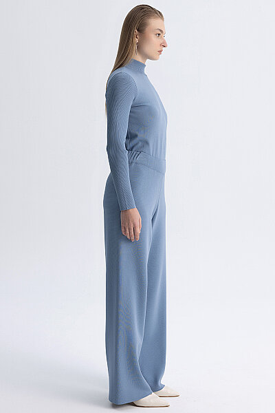  Geniş Paça Triko Pantolon Mavi - 6