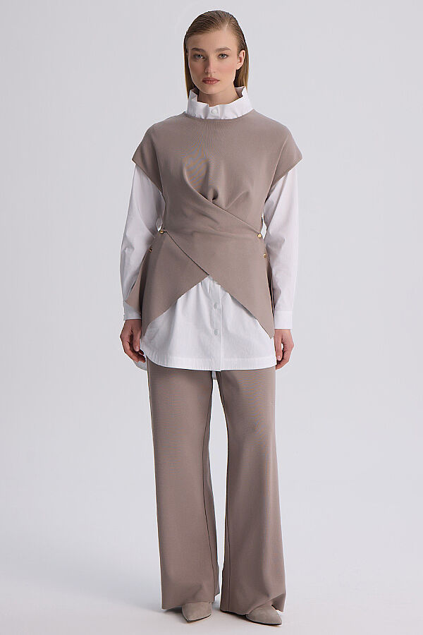  Geniş Paça Triko Pantolon Vizon - 2