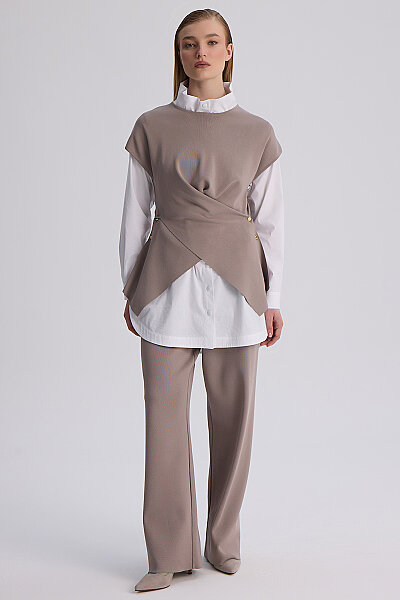  Geniş Paça Triko Pantolon Vizon - 3
