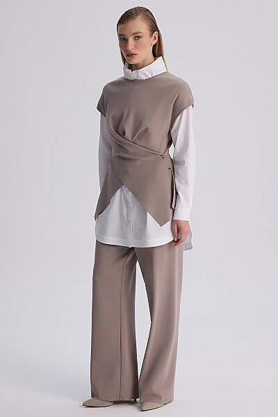  Geniş Paça Triko Pantolon Vizon - 4