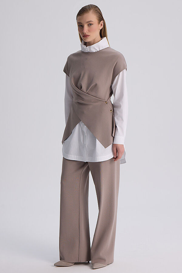  Geniş Paça Triko Pantolon Vizon - 4