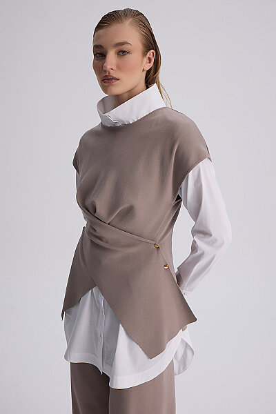  Geniş Paça Triko Pantolon Vizon - 9