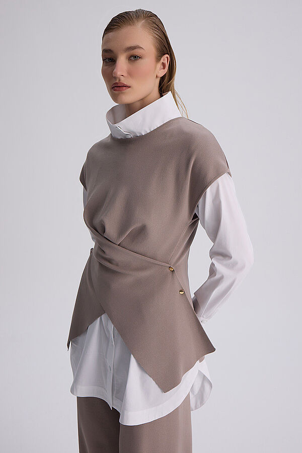  Geniş Paça Triko Pantolon Vizon - 9