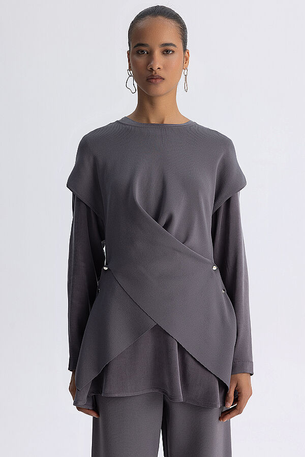  Geniş Paça Triko Pantolon Kurşun - 3