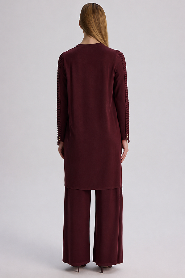 Yanı Balıksırtı Detaylı Bol Paça Triko Pantolon Bordo - 2