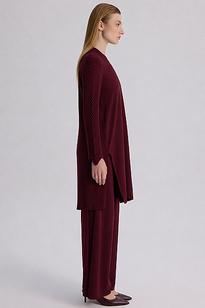 Yanı Balıksırtı Detaylı Bol Paça Triko Pantolon Bordo - 3