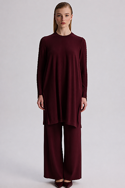 Yanı Balıksırtı Detaylı Bol Paça Triko Pantolon Bordo - 4