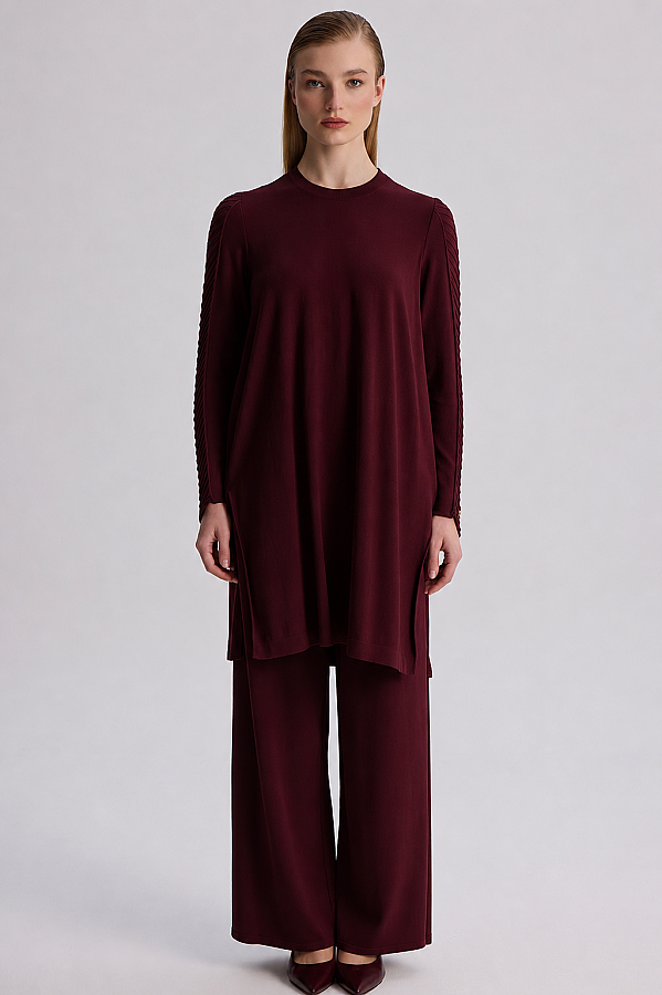Yanı Balıksırtı Detaylı Bol Paça Triko Pantolon Bordo - 4