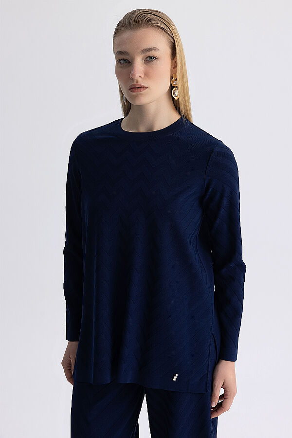 Zigzag Desenli Bol Paça Pantolon Lacivert - 2