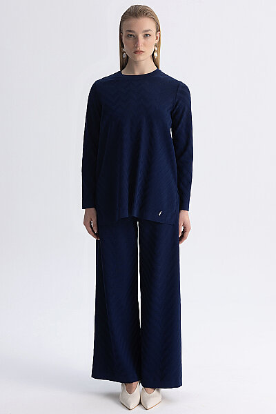 Zigzag Desenli Bol Paça Pantolon Lacivert - 5