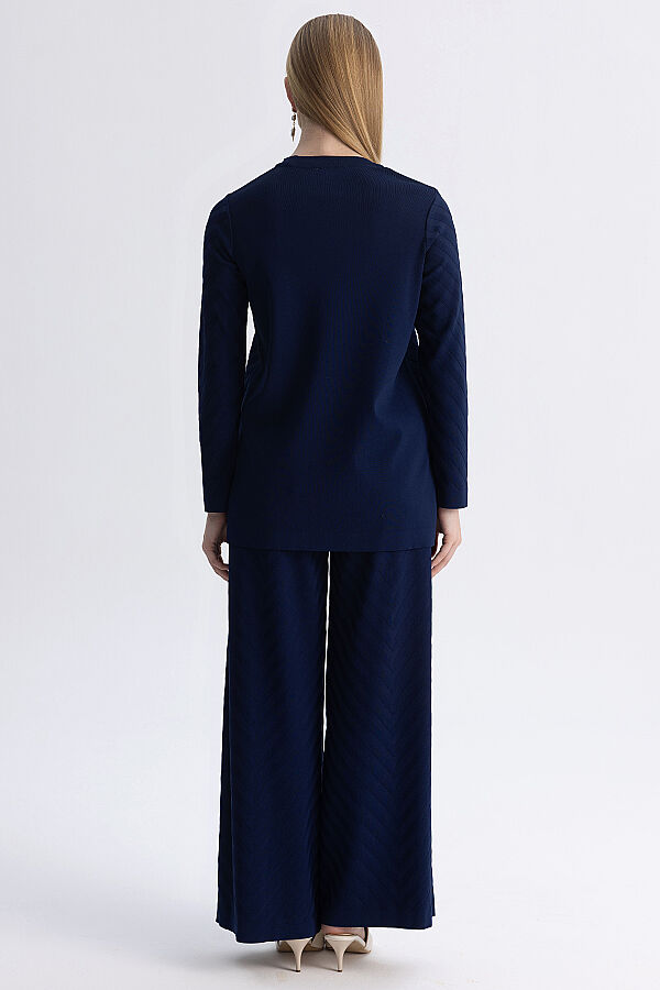 Zigzag Desenli Bol Paça Pantolon Lacivert - 7