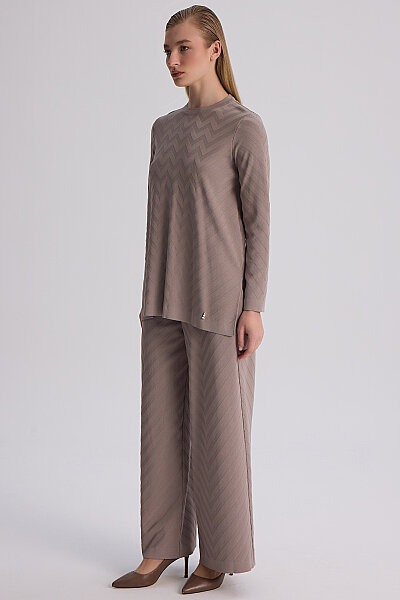 Zigzag Desenli Bol Paça Pantolon Vizon - 3