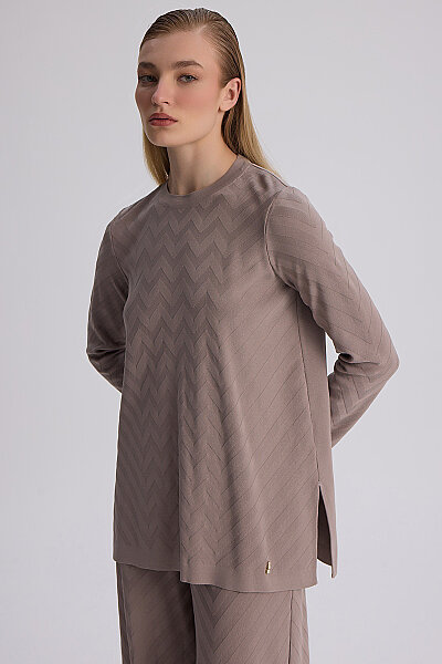 Zigzag Desenli Bol Paça Pantolon Vizon - 4