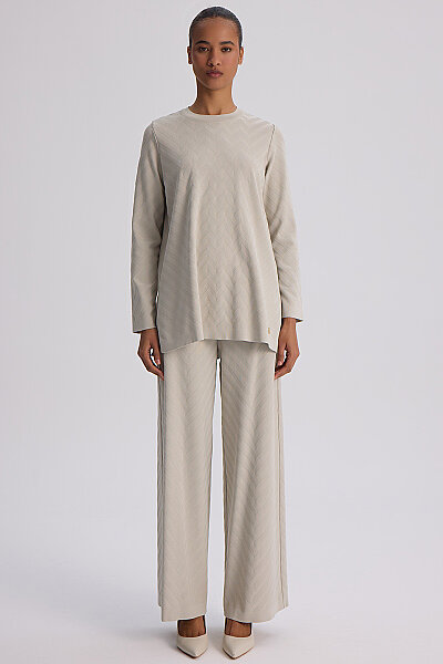 Zigzag Desenli Bol Paça Pantolon Taş - MISS DALIDA