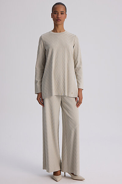 Zigzag Desenli Bol Paça Pantolon Taş - MISS DALIDA (1)
