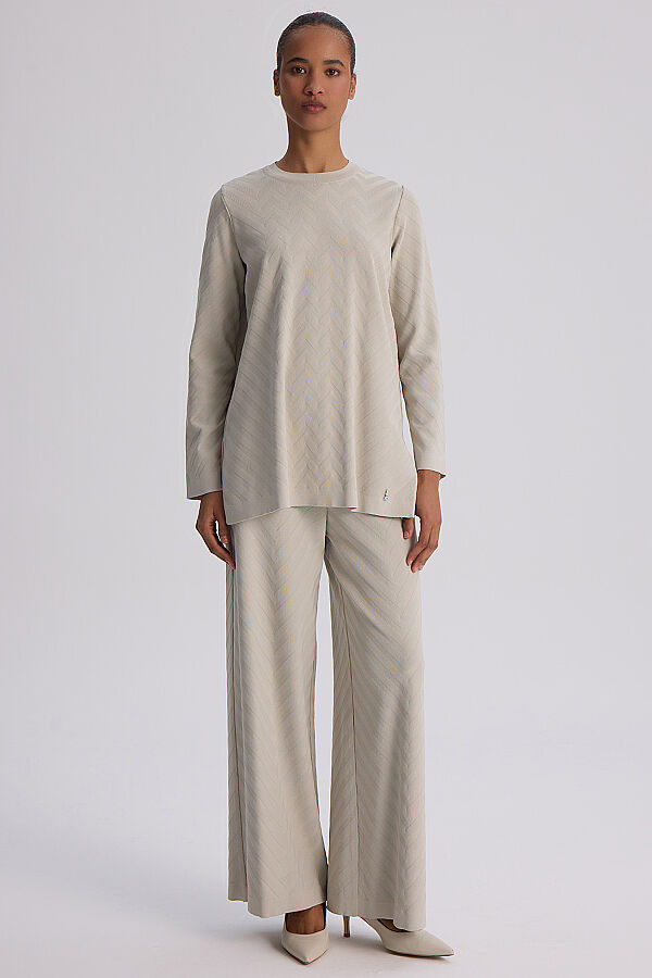 Zigzag Desenli Bol Paça Pantolon Taş - 2